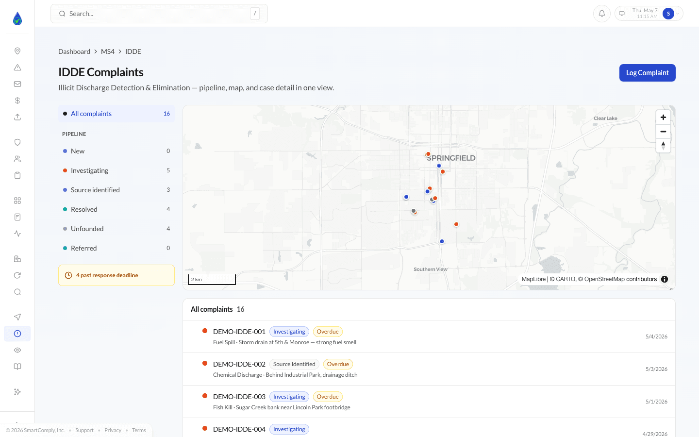 SmartComply Storm — IDDE complaints map and list